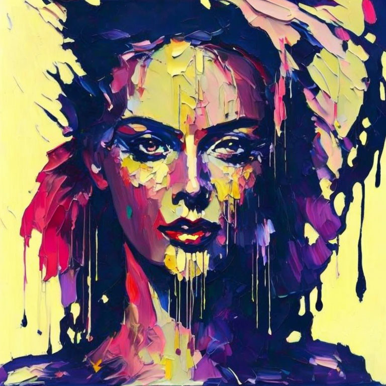 Vivid Abstract Painting: Woman's Face with Dripping Yellow, Purple, and Pink Hues