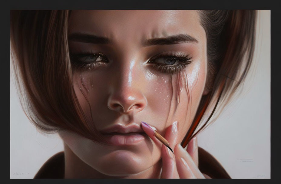 Detailed Close-Up Illustration of Woman with Teary Eyes and Sorrowful Expression