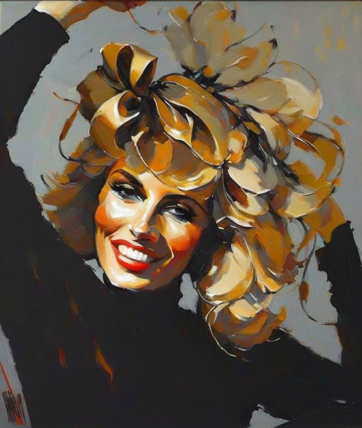 Smiling woman with blond hair and bow in expressive painting