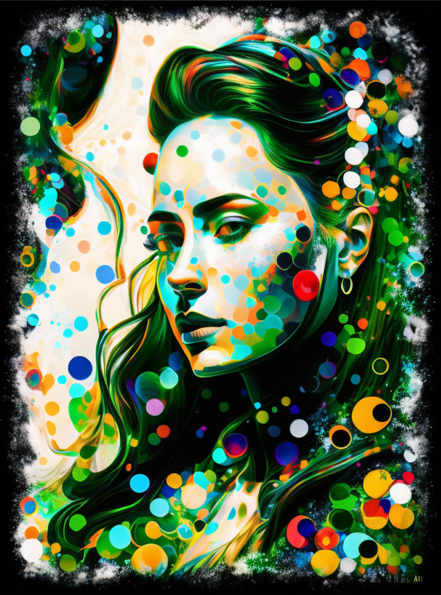 Colorful Artistic Portrait of Woman with Dots and Swirls