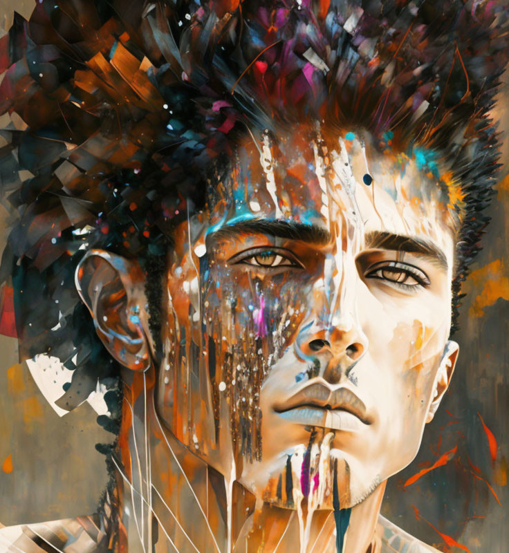 Colorful paint splatter portrait of a man on warm background