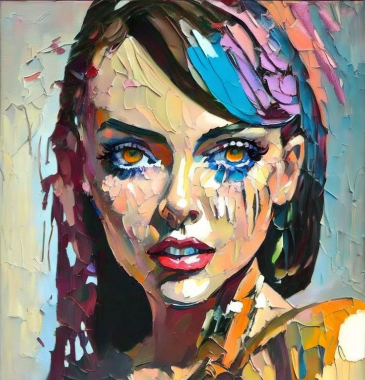 Vibrant abstract portrait of a woman with striking eyes in thick impasto style