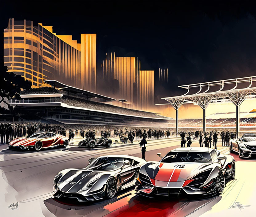 Futuristic building backdrop with sleek sports cars and crowd