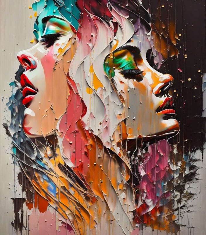 Colorful Abstract Art: Two Women's Faces in Profile with Paint Drips