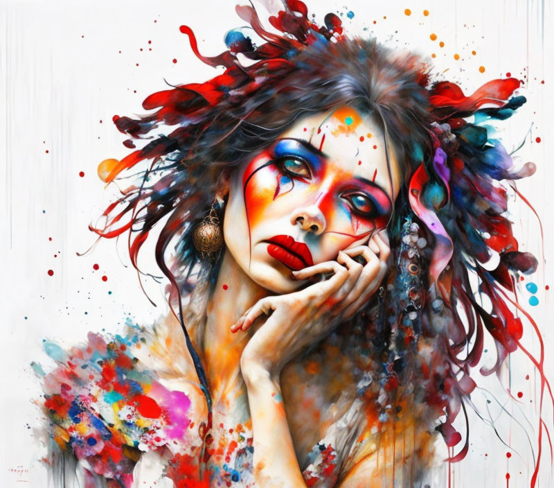 Colorful painting of a woman with flowing hair and red makeup in a pensive pose