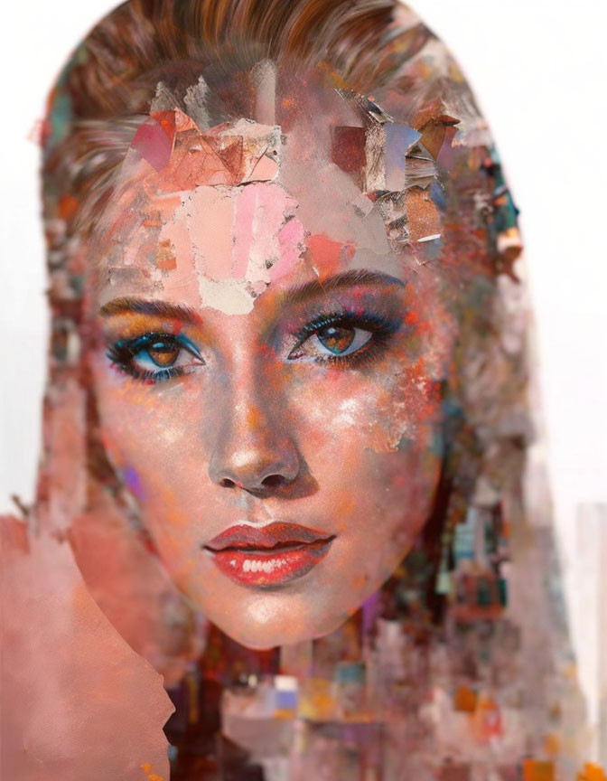 Abstract collage-like portrait of a woman with warm tones and fragmented shapes.