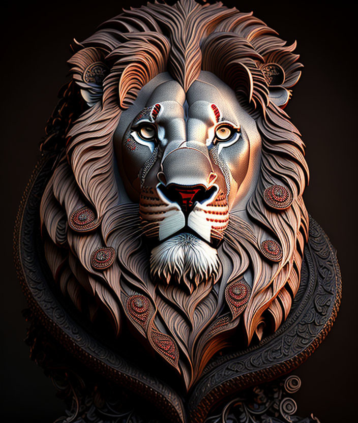 Stylized lion digital art with intricate patterns and warm tones