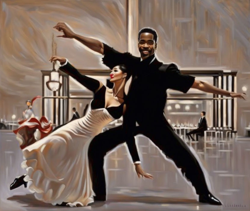 Elegant couple dancing in grand ballroom, man in black attire, woman in white gown, both