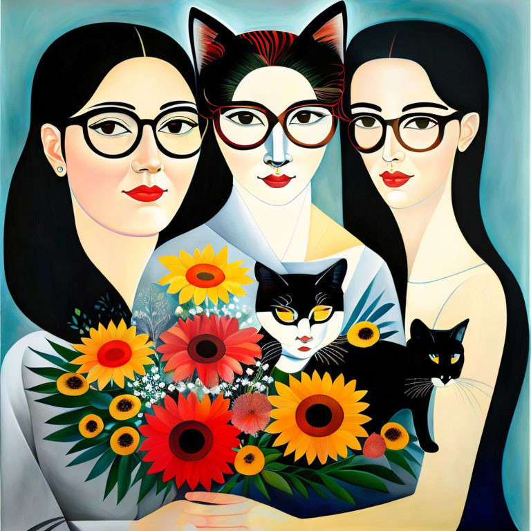 Three women with glasses, stylized cats, sunflowers, and flowers.