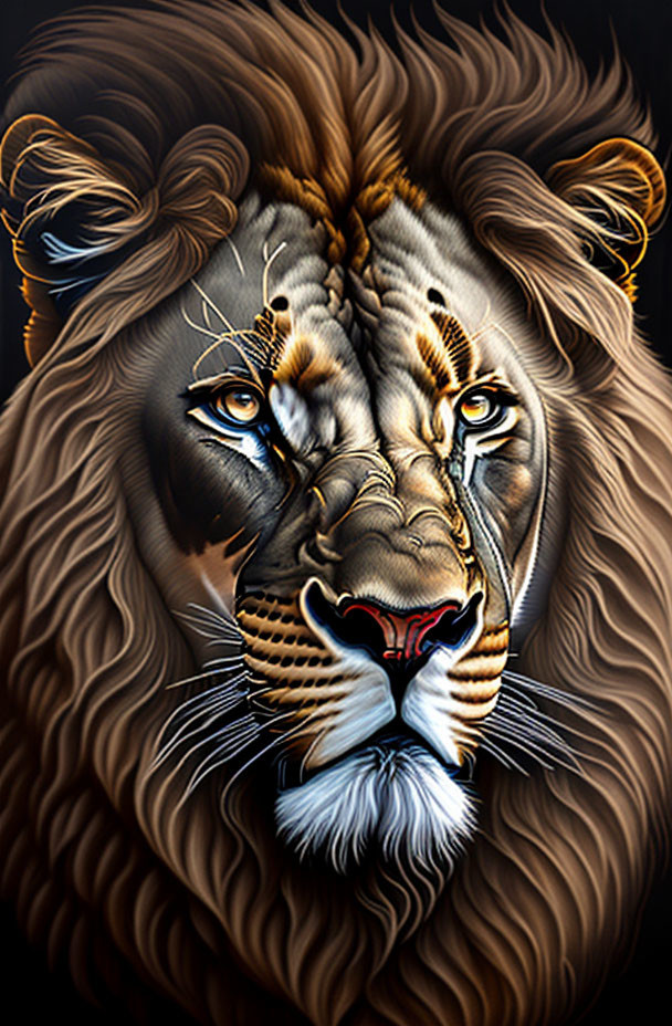 Colorful Lion Face Artwork in Warm Tones on Dark Background