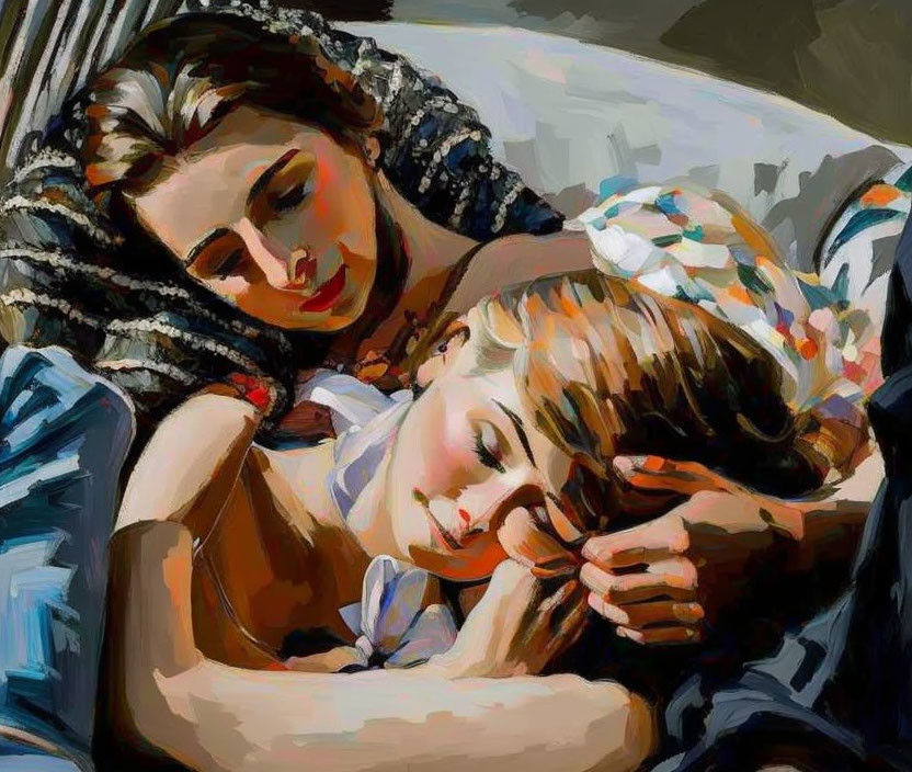 Emotive painting of two women sharing a tender embrace