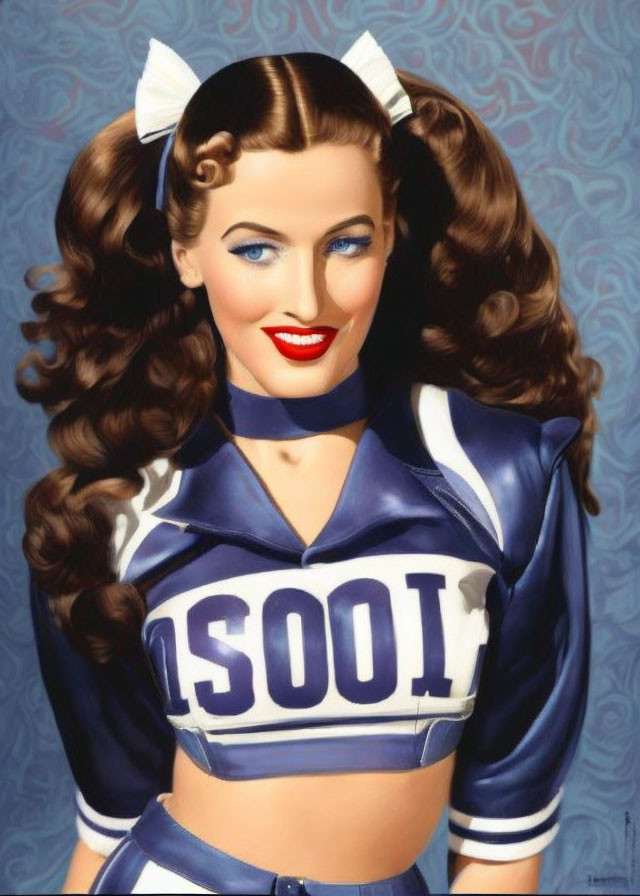 Stylized cheerleader illustration with red lips and blue uniform