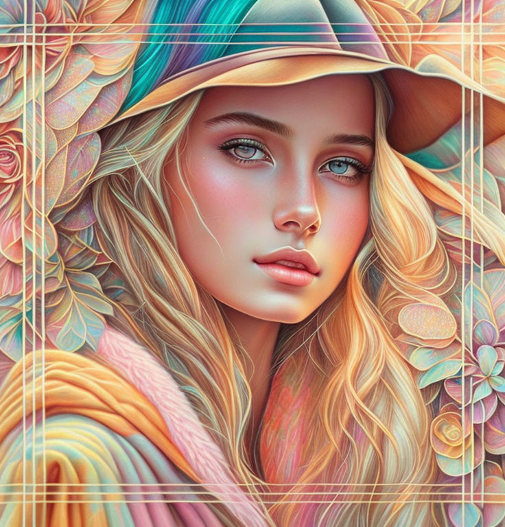 Colorful Illustration of Young Woman with Blue Eyes and Hat Amid Floral Patterns