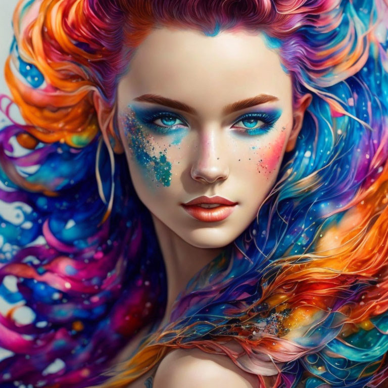 Vibrant multicolored hair and blue eyes with matching glittery makeup