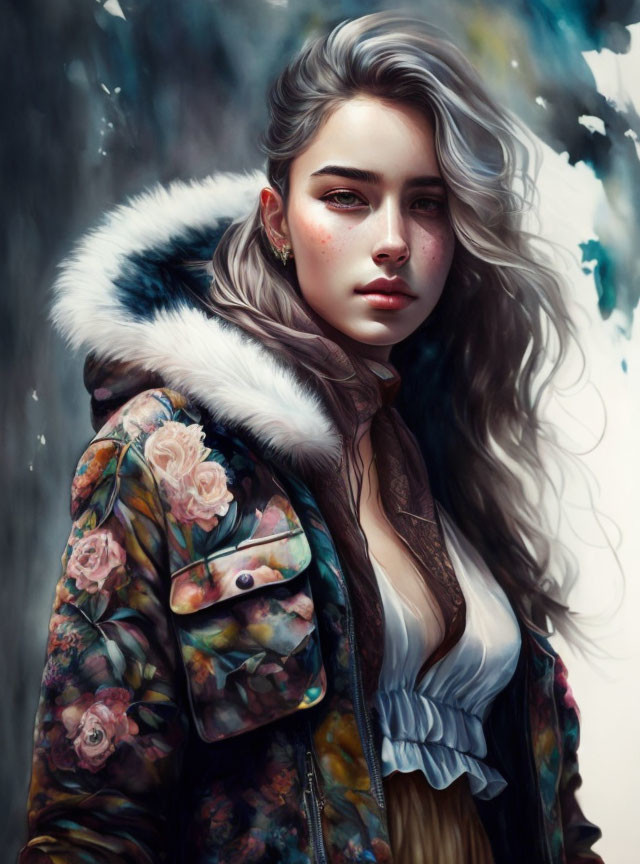 Digital artwork: Young woman in floral jacket with fur collar, white blouse, and flowing hair. Cont