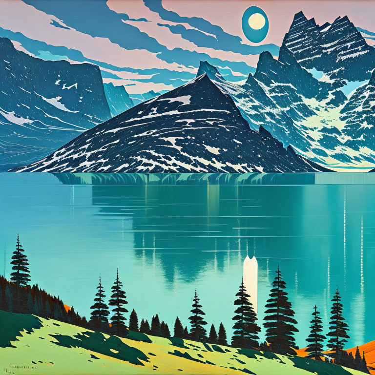 Mountain landscape with lake, pine trees, and clear sky graphic.