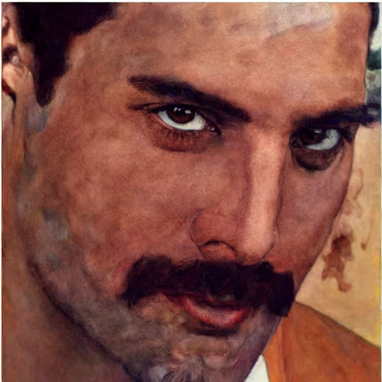 Intense male face close-up with dark mustache and prominent brows