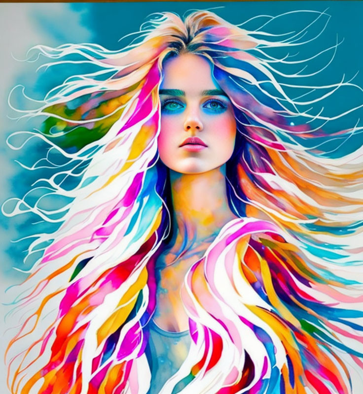 Vibrant digital artwork: woman with multicolored hair and blue eyes on blue backdrop