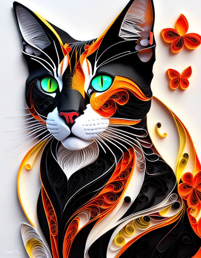 Colorful Stylized Black Cat Artwork with Swirling Patterns and Orange Butterflies