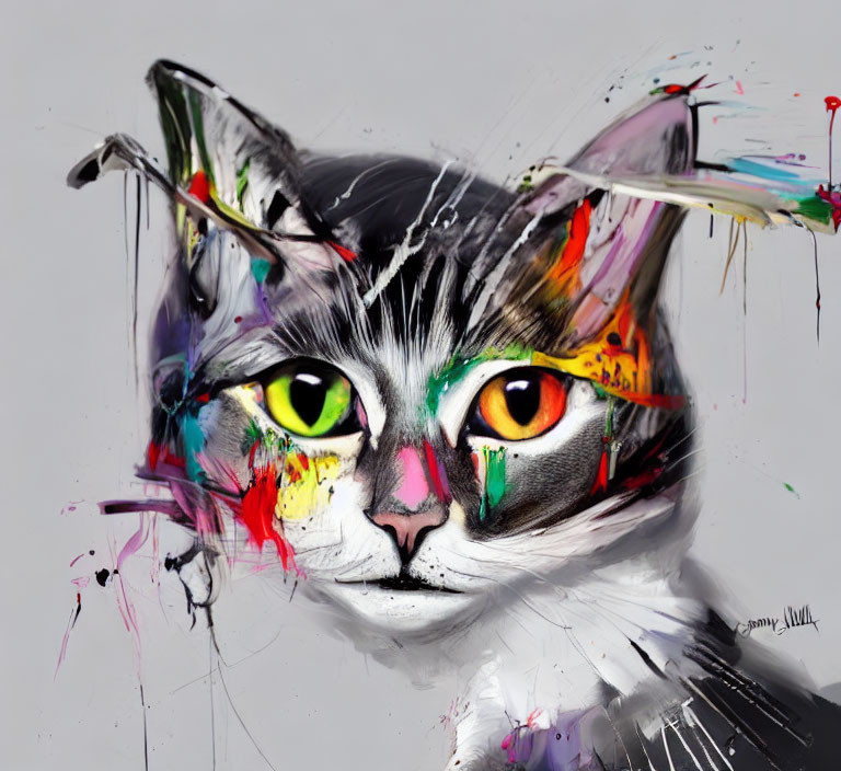 Vibrant painting of a cat with colorful splashes and expressive eyes