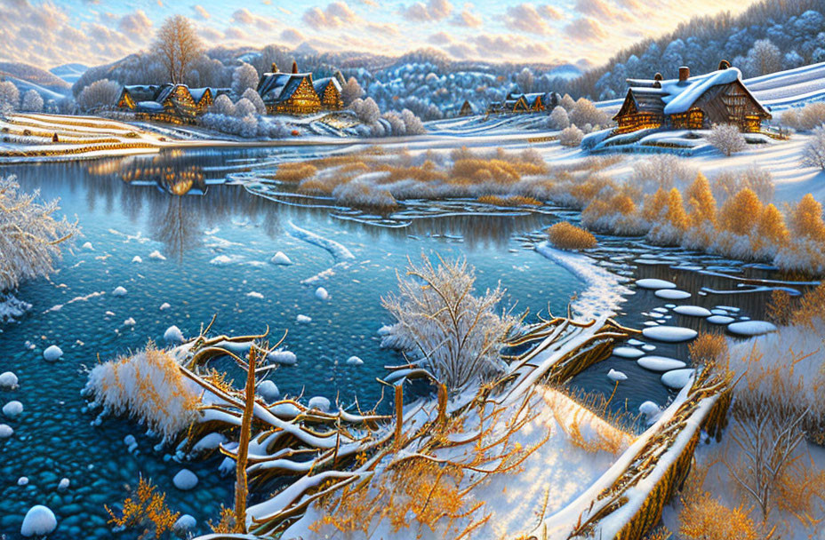 Snow-covered cottages and frozen river in serene winter landscape