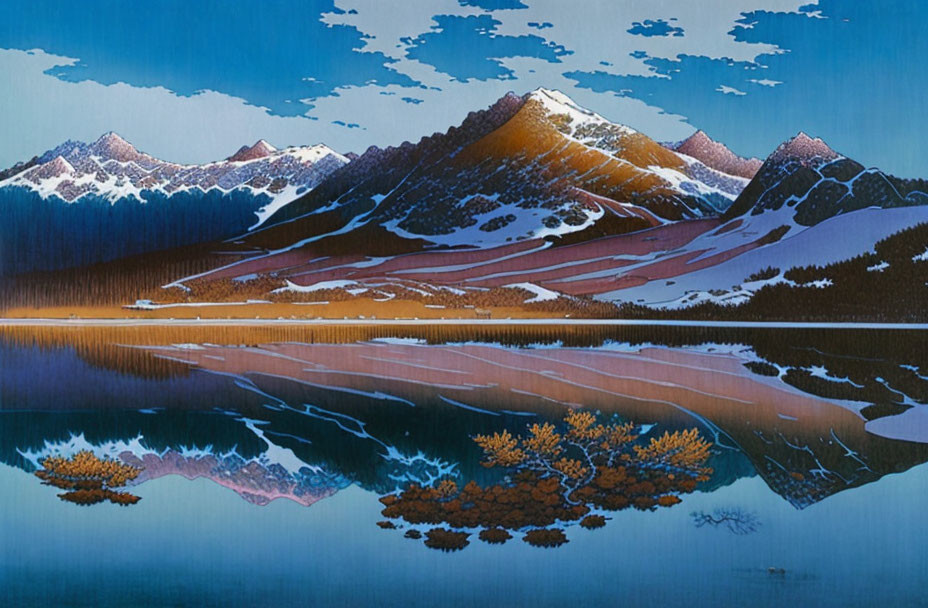 Snow-capped mountains reflected in lake under twilight-night sky