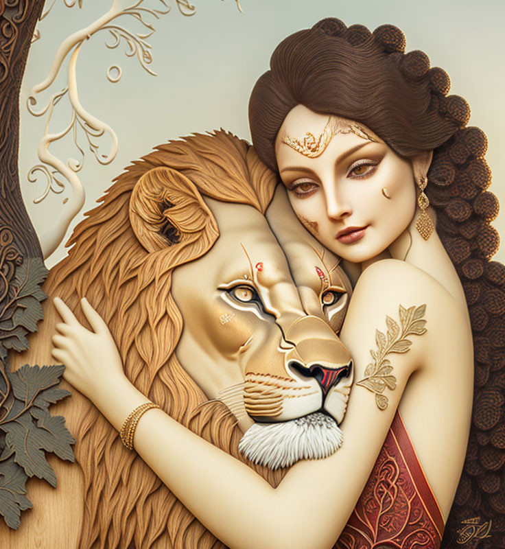 Woman embracing majestic lion in intricate background.