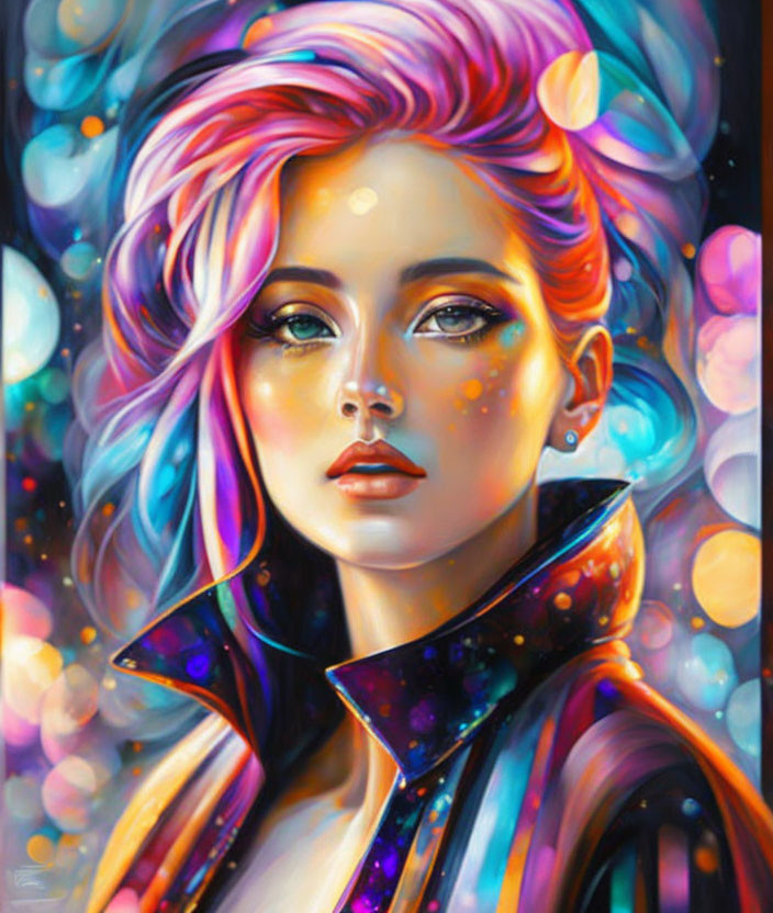 Vibrant pink hair woman portrait with cosmic collar on bokeh background