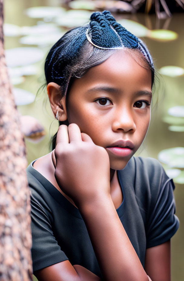 Young girl in black headband leaning against tree with green foliage and lily pads in background