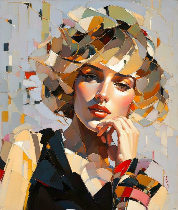 Colorful Cubist-Style Portrait of Woman with Pensive Expression