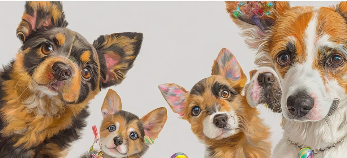 Four dogs with colorful paint and bubbles on light background