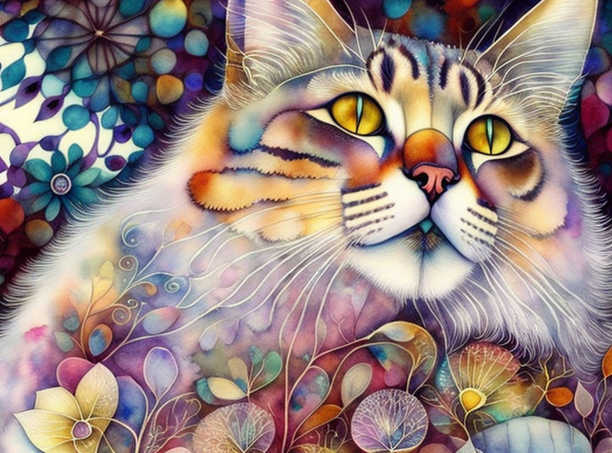 Colorful Cat Illustration with Yellow Eyes and Floral Patterns