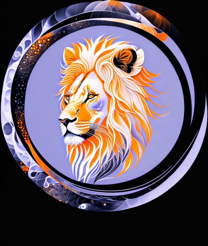 Majestic lion's head graphic with cosmic background in warm orange and cool blue tones