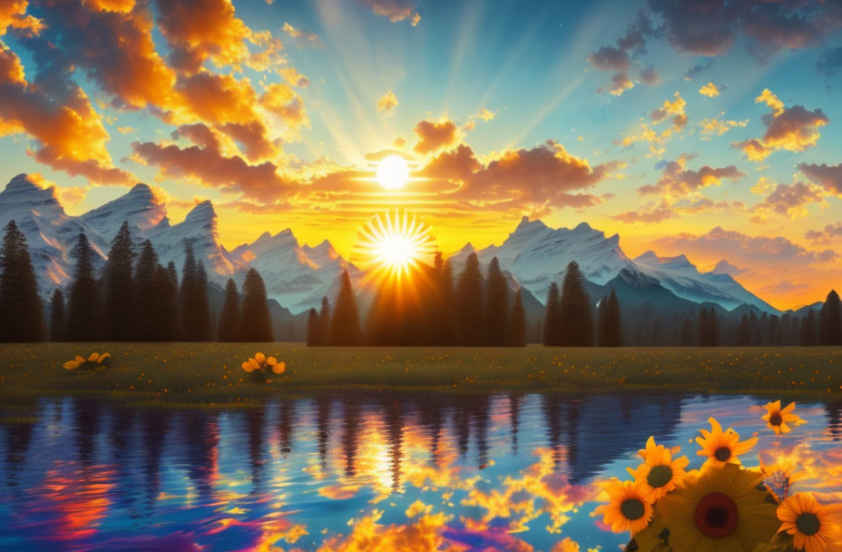 Colorful sunset with sunbeams, pine trees, mountains, lake, and sunflowers