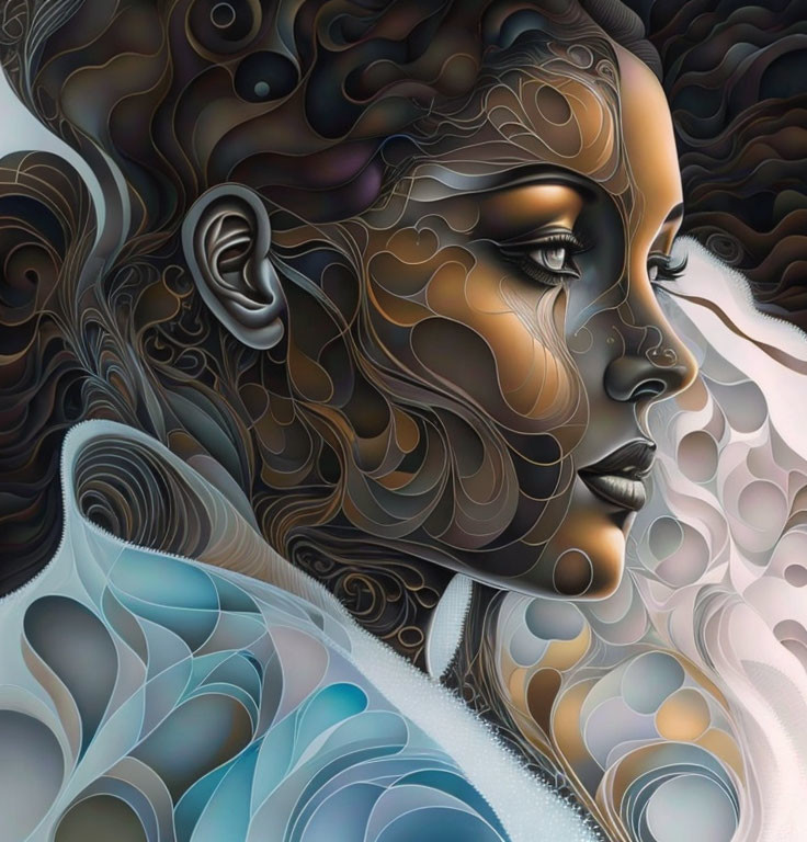 Stylized profile faces with intricate patterns and swirls in warm and cool tones