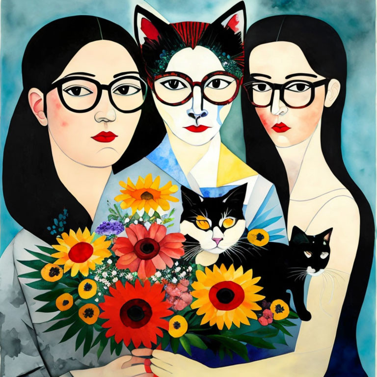 Stylized figures: two women, a cat with glasses, and vibrant bouquet