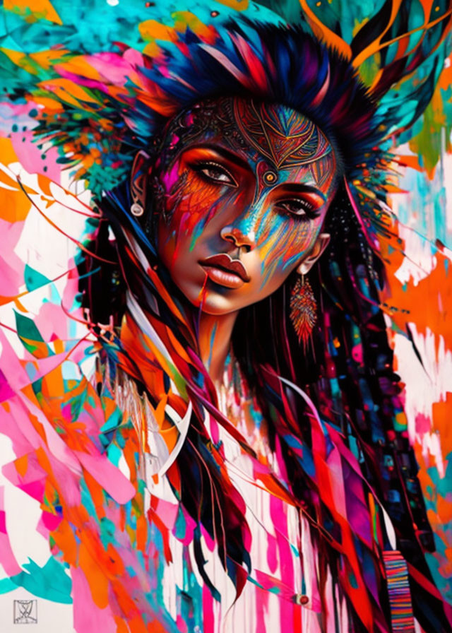 Colorful digital artwork: Woman with tribal face paint and feather headgear