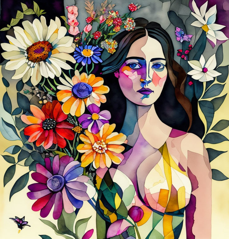 Vibrant floral illustration with woman in warm and cool tones