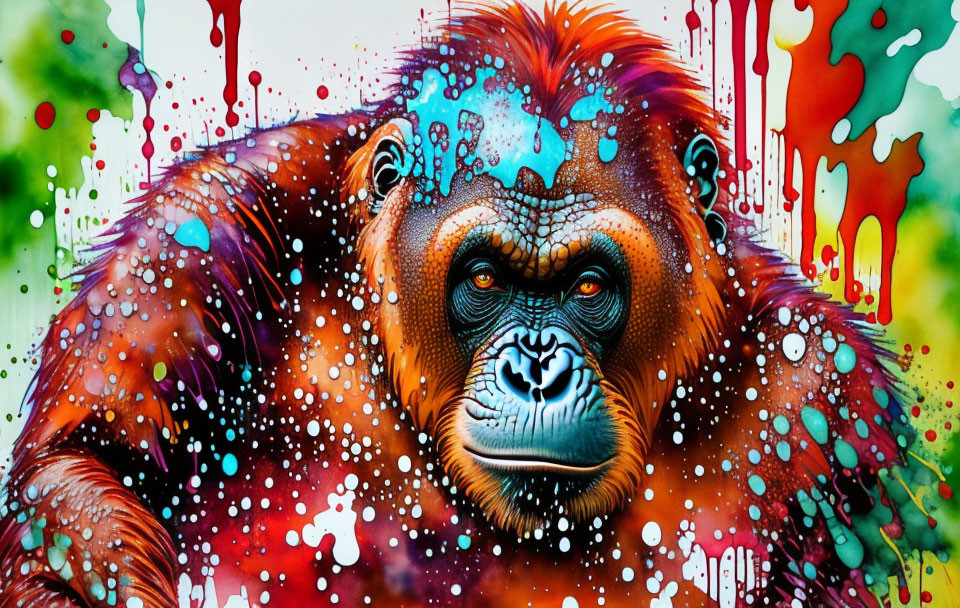 Colorful Orangutan Artwork with Paint Splashes