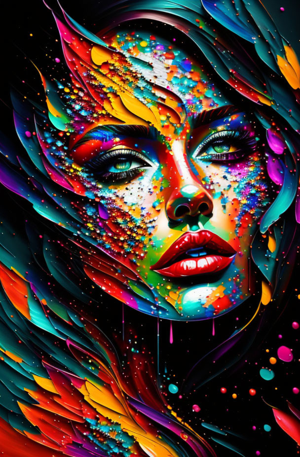 Colorful Abstract Digital Art of Woman's Face with Paint Splashes and Feather-like Patterns