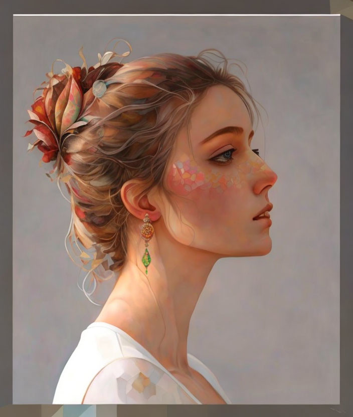 Detailed digital painting of woman with leaf and flower adorned updo hairstyle.