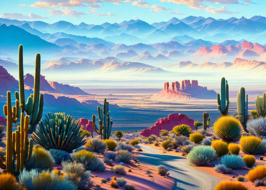 Colorful Desert Landscape with Cacti and Mountains