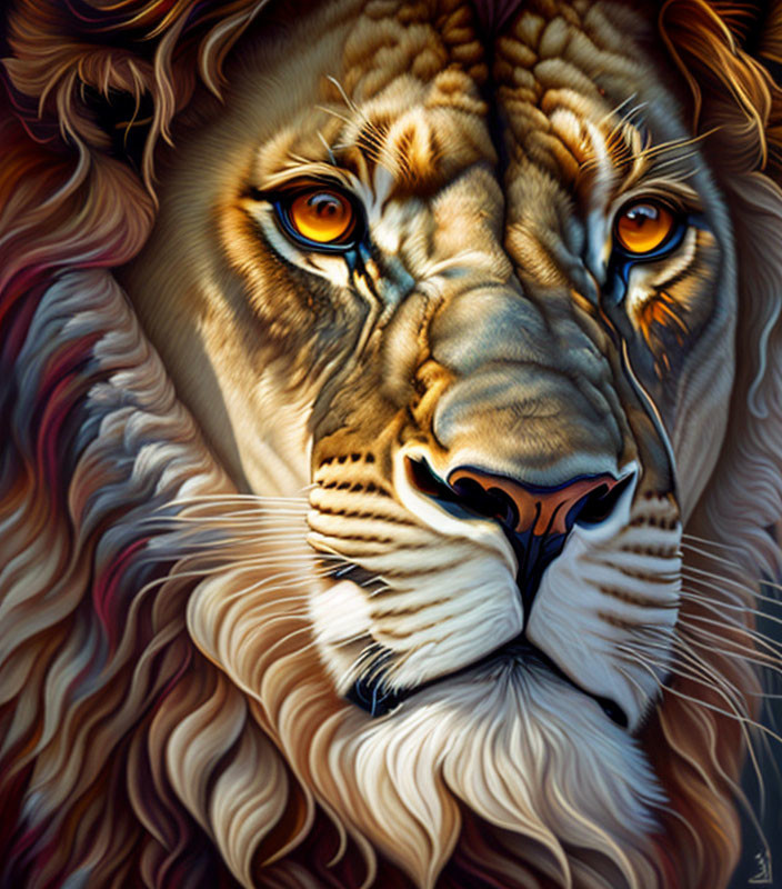 Detailed digital painting of a lion's face with intense amber eyes and luxuriant mane