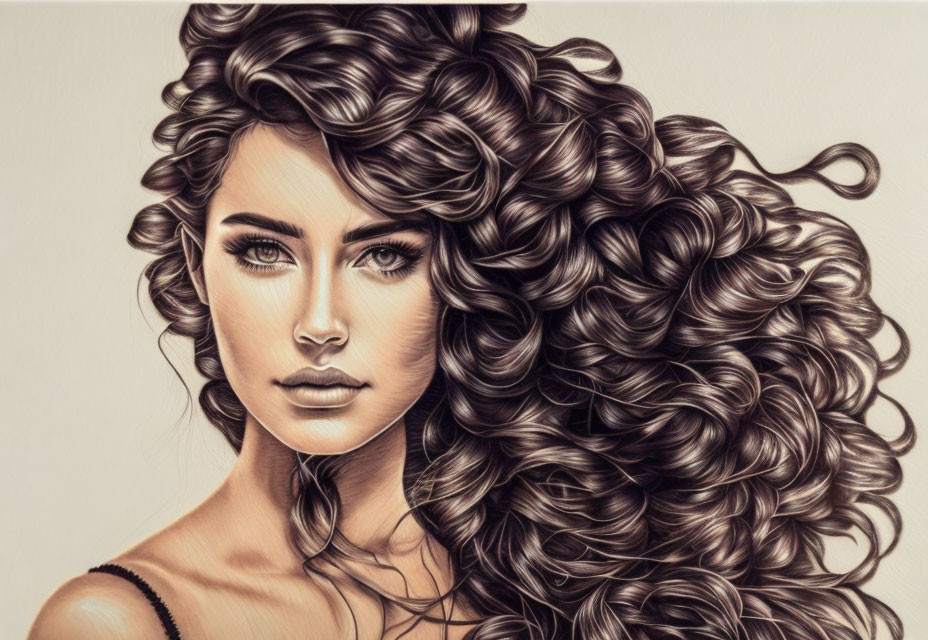 Detailed illustration of woman with voluminous curly hair and striking features