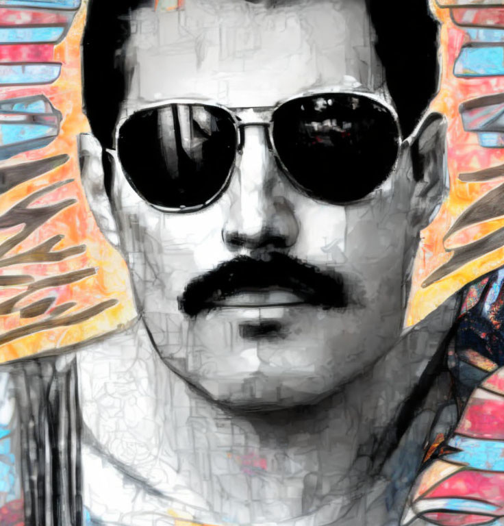 Stylized portrait of man with round sunglasses and graffiti background