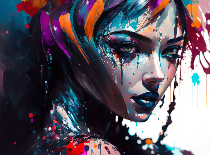 Vibrant digital artwork of a woman's face with colorful paint splashes and headphones