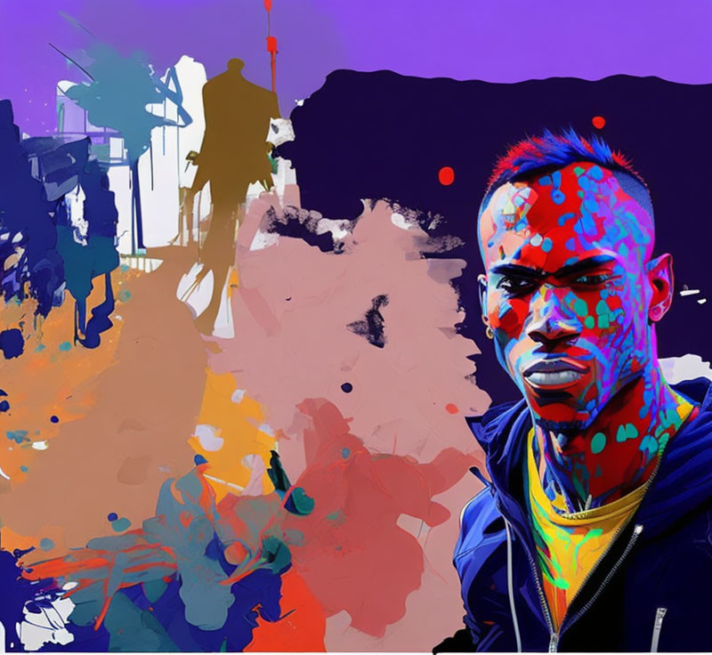 Vivid Paint Splashes on Stylized Man in Abstract Digital Art