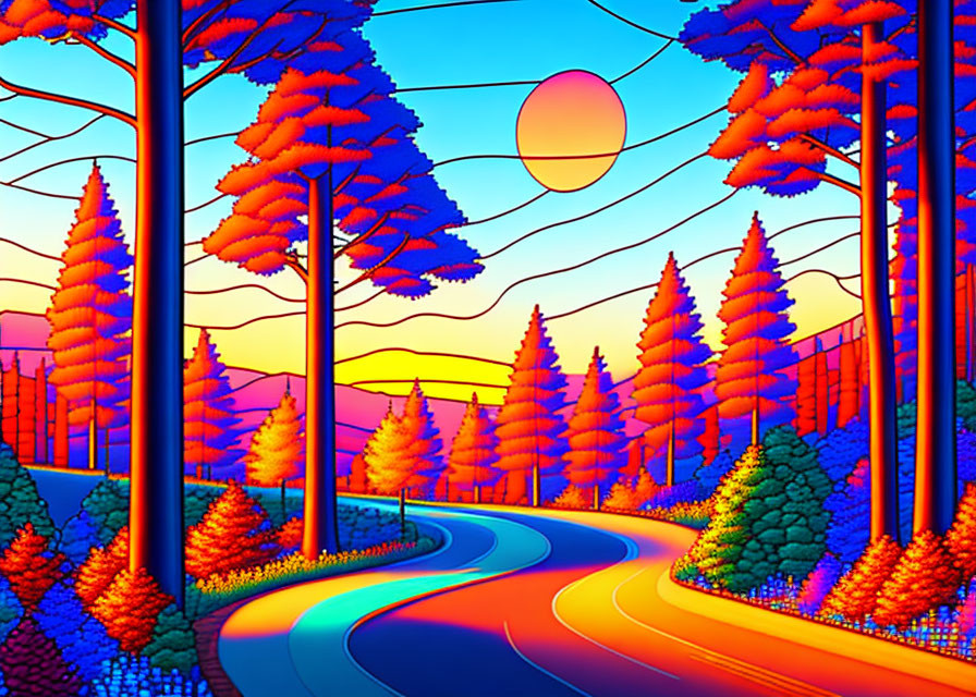 Colorful neon forest sunset over winding road