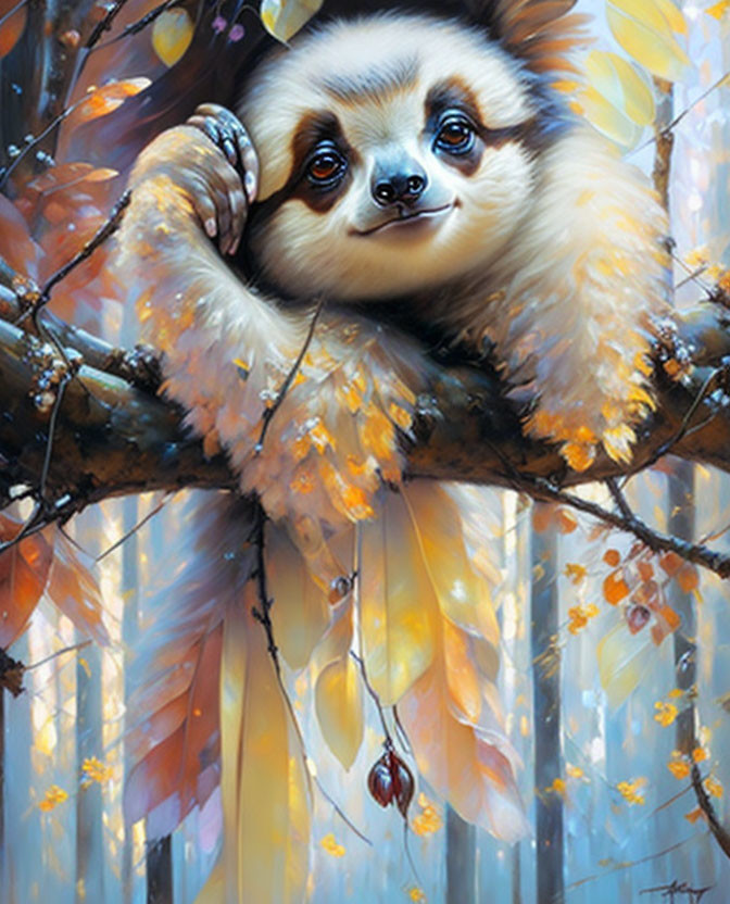 Whimsical sloth illustration on branch with autumn leaves