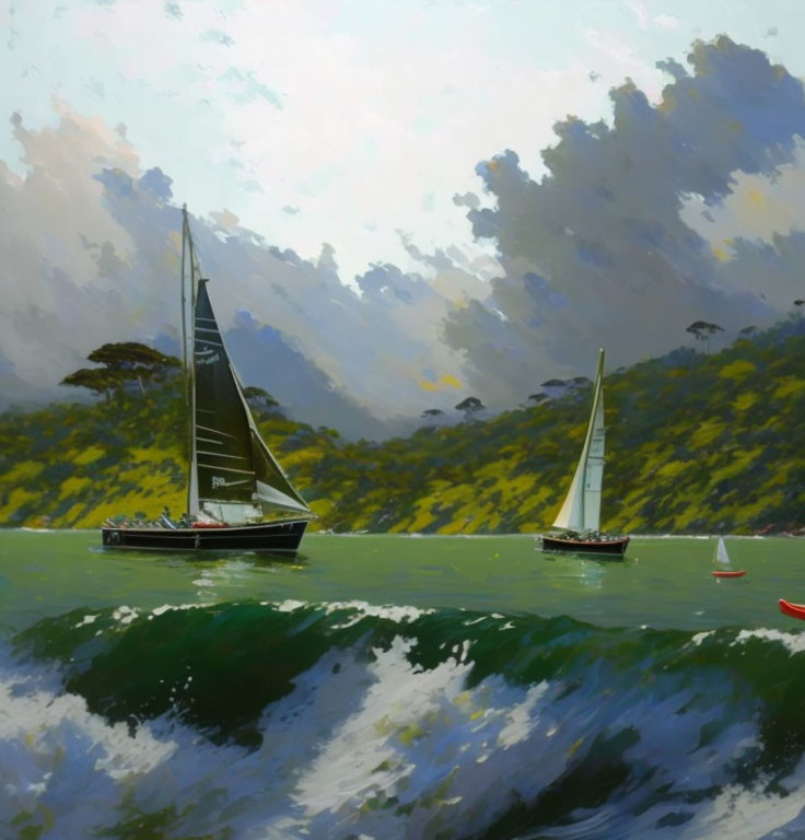 Sailboats on choppy waters with forested hill and cloudy sky